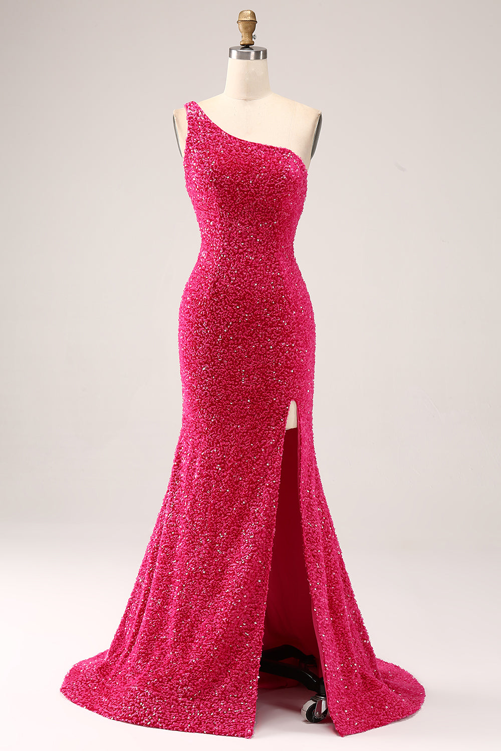 Glitzerndes fuchsia Meerjungfrauen Eine Schulter langes Pailletten Ballkleid mit Schlitz