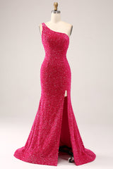Glitzerndes fuchsia Meerjungfrauen Eine Schulter langes Pailletten Ballkleid mit Schlitz