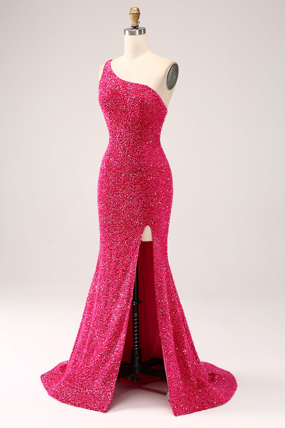 Glitzerndes fuchsia Meerjungfrauen Eine Schulter langes Pailletten Ballkleid mit Schlitz