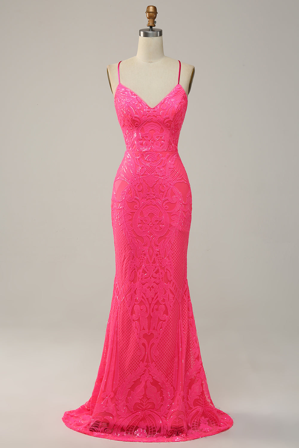 Meerjungfrau Spaghettiträger Pailletten Pink Langes Ballkleid