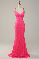 Meerjungfrau Spaghettiträger Pailletten Pink Langes Ballkleid