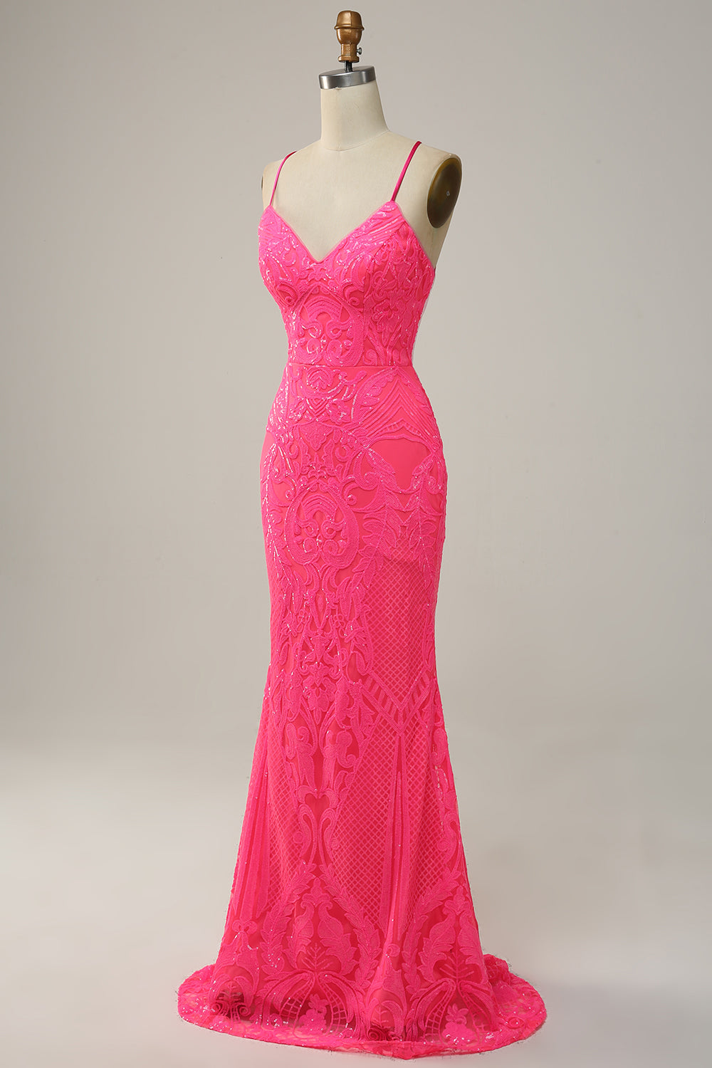 Meerjungfrau Spaghettiträger Pailletten Pink Langes Ballkleid
