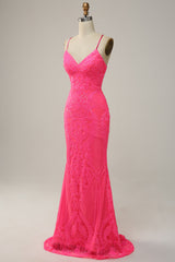Meerjungfrau Spaghettiträger Pailletten Pink Langes Ballkleid