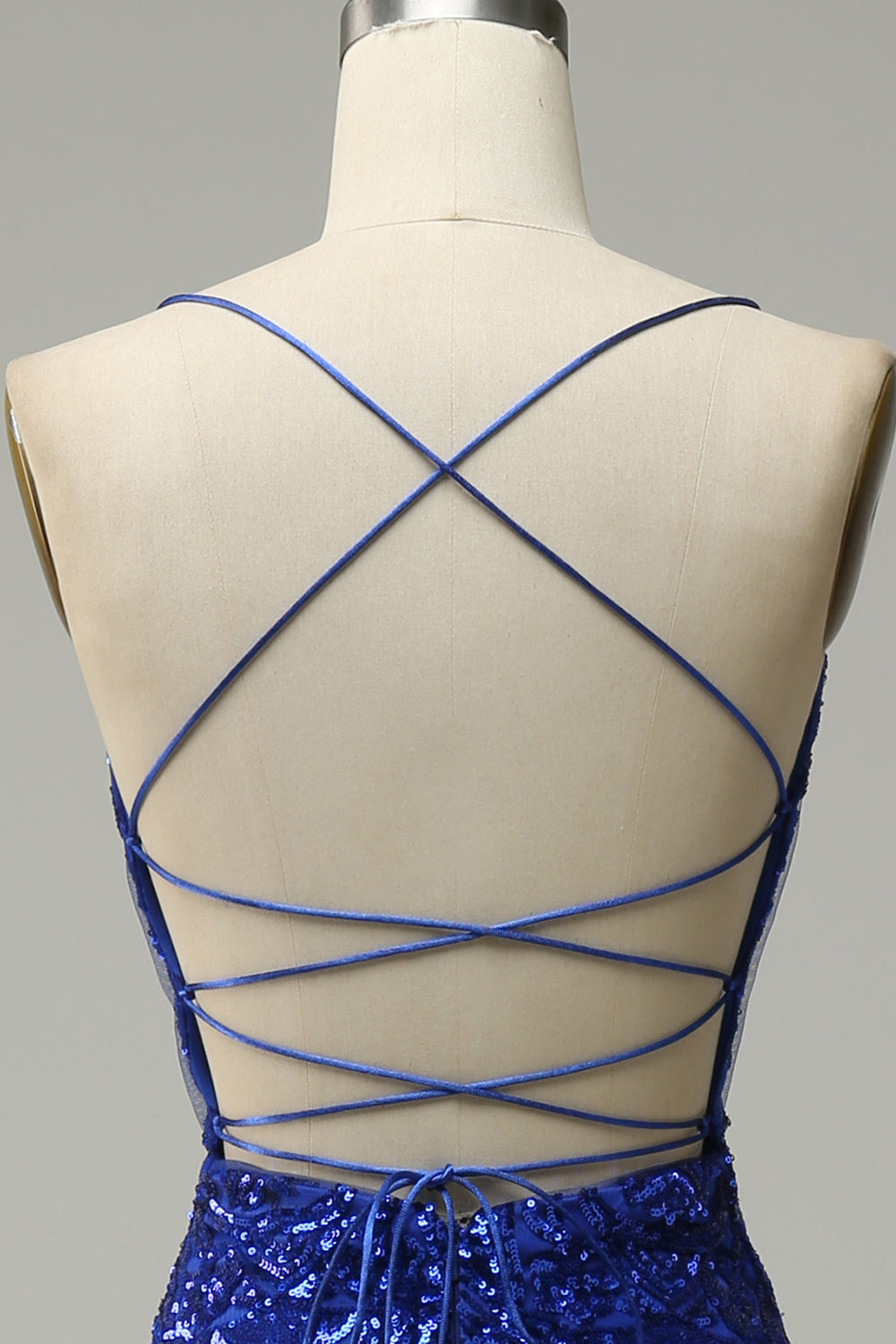 Meerjungfrau Spaghettiträger Königsblau Pailletten Langes Ballkleid mit Schnürung