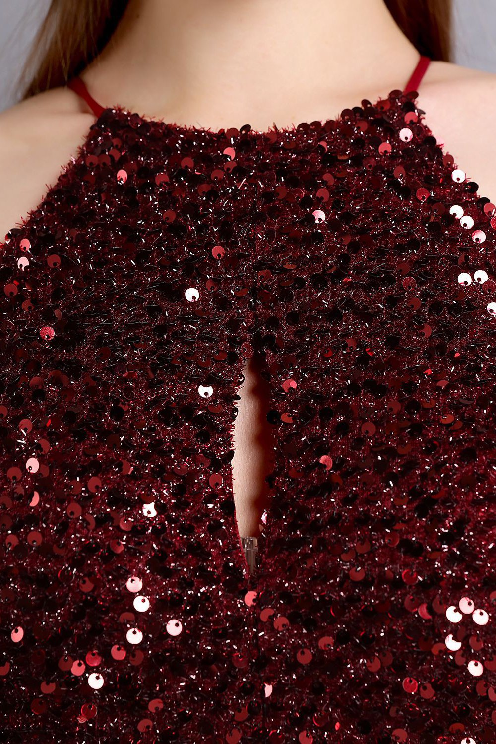 Burgund Pailletten langes Ballkleid mit Schlitz