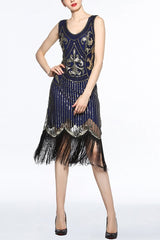 Damen Marine V-Ausschnitt 1920er Franse Paillette Flapper Kleid