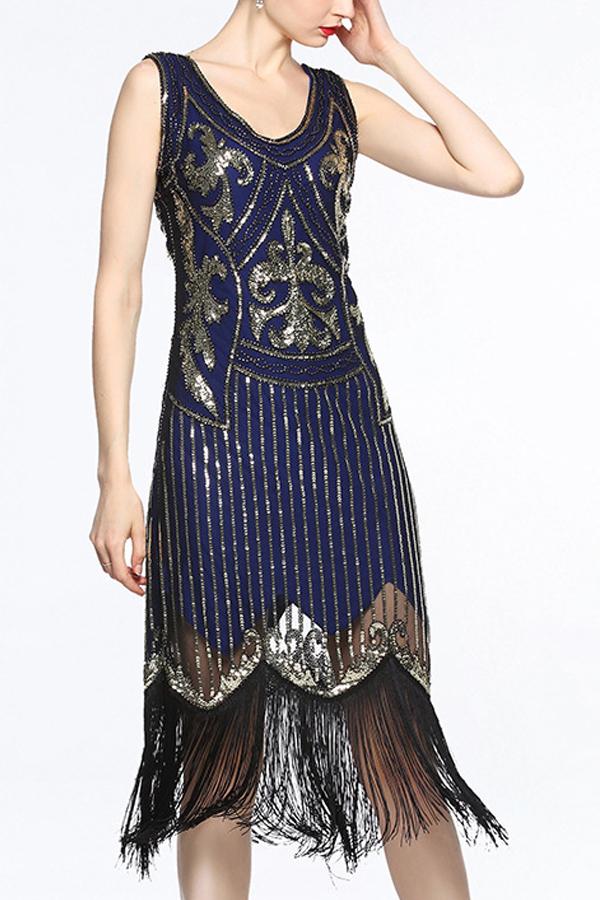 Damen Marine V-Ausschnitt 1920er Franse Paillette Flapper Kleid