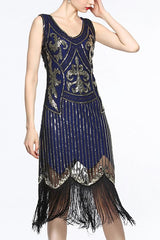 Damen Marine V-Ausschnitt 1920er Franse Paillette Flapper Kleid