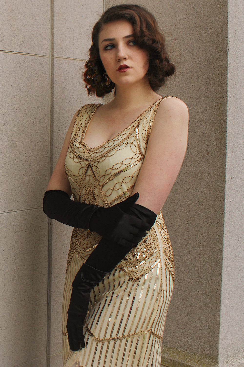 1920er Jahre Champagner Fransen Pailletten Kleid