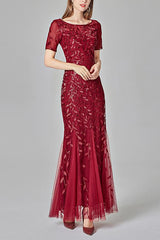 Mermaid Rotes Ballkleid mit Kurzen Ärmeln