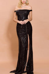 Schwarz Pailletten Memaid Langes Ballkleid
