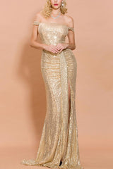 Gold Pailletten Memaid Langes Ballkleid