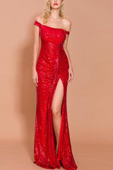 Langes Rotes Memaid Ballkleid mit Pailletten