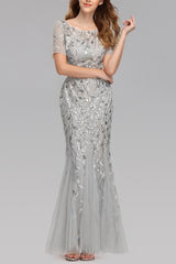 Mermaid Kurze Ärmel Silber Ballkleid