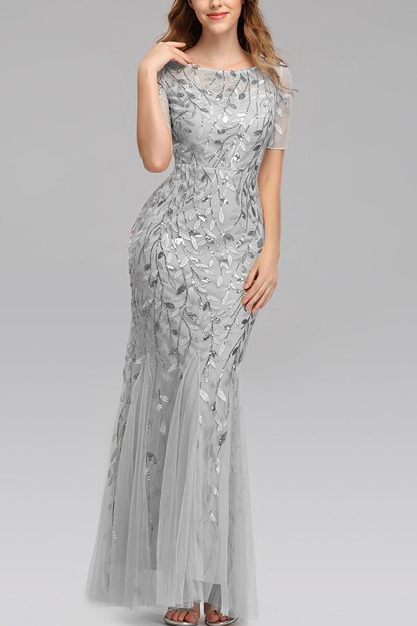 Mermaid Kurze Ärmel Silber Ballkleid