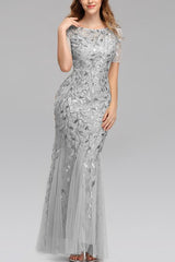 Mermaid Kurze Ärmel Silber Ballkleid