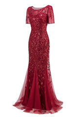 Mermaid Rotes Ballkleid mit Kurzen Ärmeln