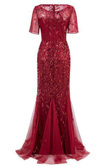 Mermaid Rotes Ballkleid mit Kurzen Ärmeln