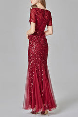 Mermaid Rotes Ballkleid mit Kurzen Ärmeln