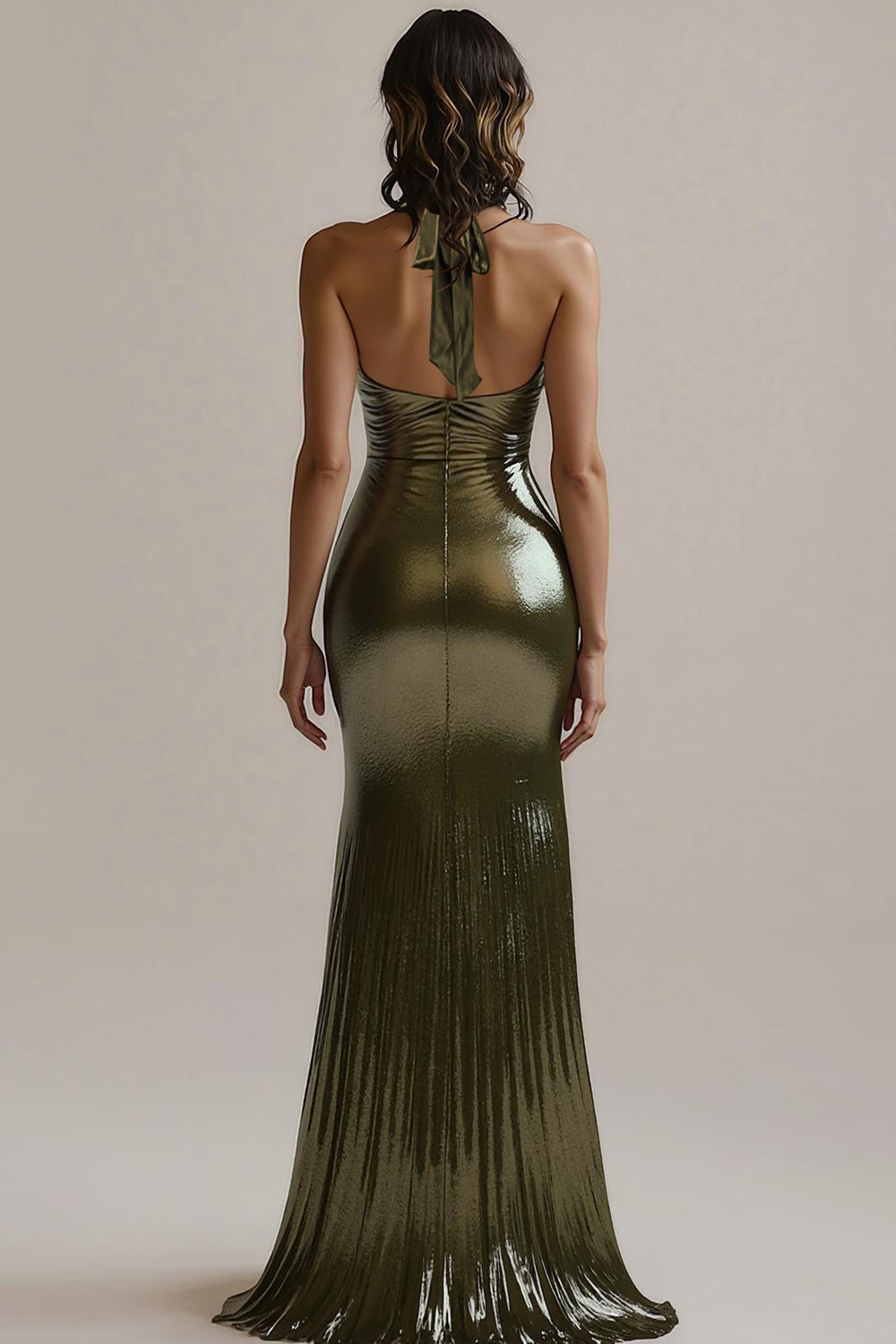 Olive Metallic Meerjungfrauen Abendkleid mit Rüschen und Schlitz