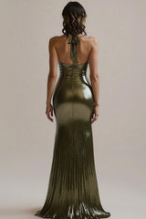 Olive Metallic Meerjungfrauen Abendkleid mit Rüschen und Schlitz