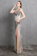 Gold Meerjungfrau Pailletten V Hals Ballkleid