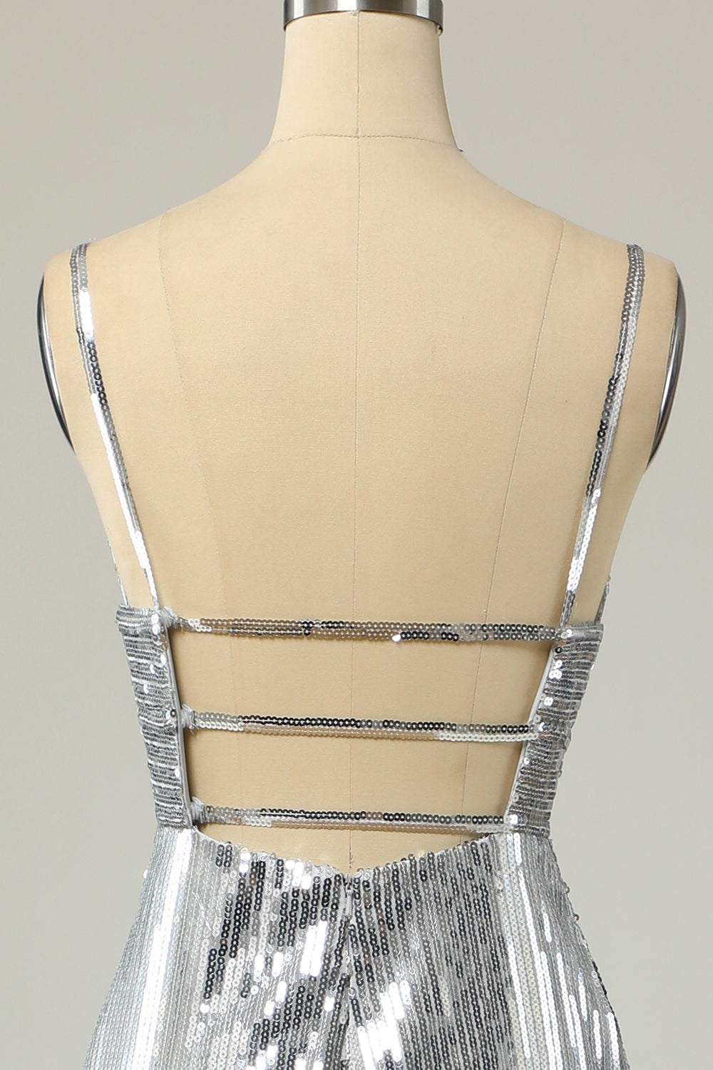 Meerjungfrau Spaghetti Träger Silber Pailletten Langes Ballkleid Rückenlos
