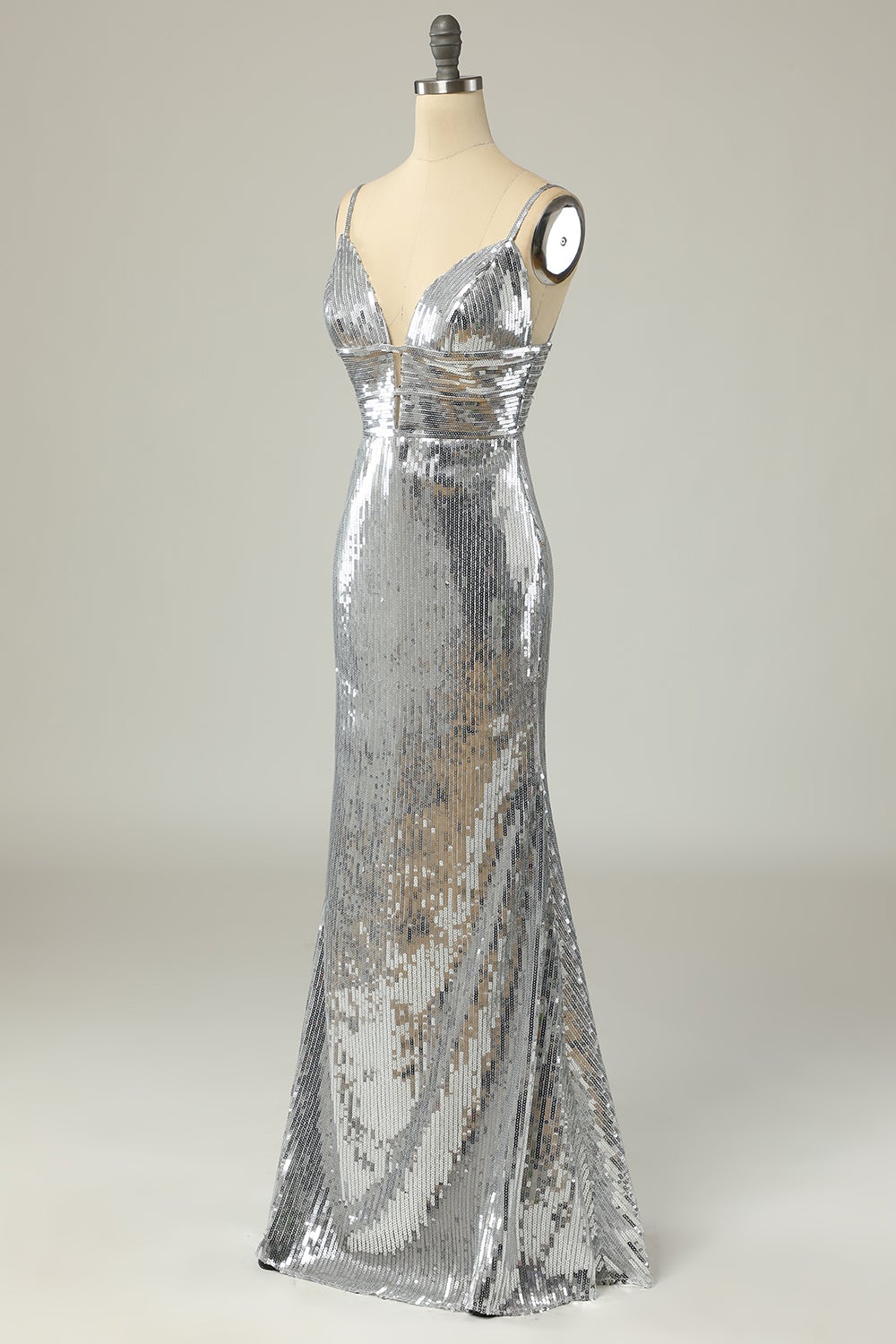 Meerjungfrau Spaghetti Träger Silber Pailletten Langes Ballkleid Rückenlos