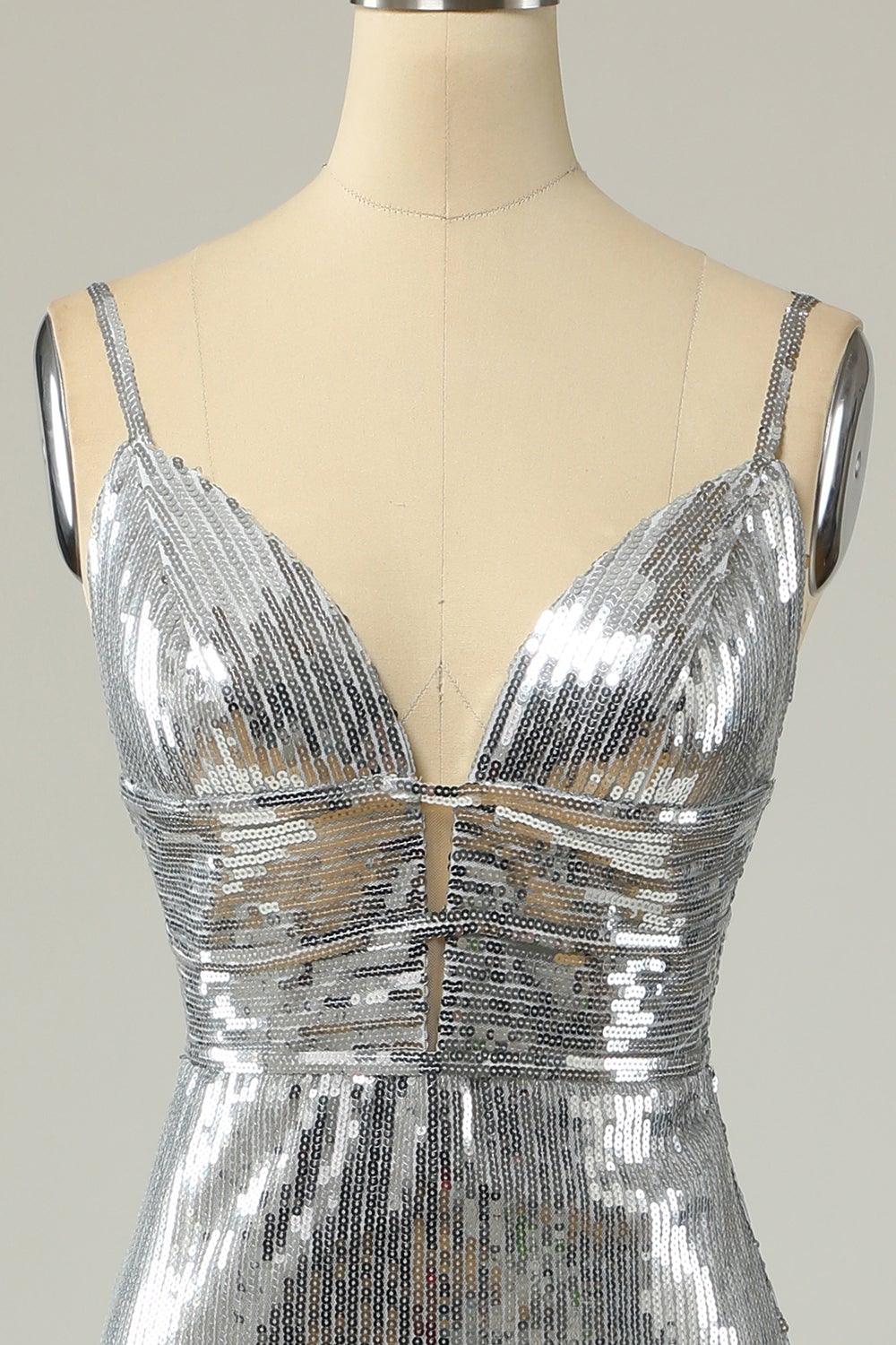 Meerjungfrau Spaghetti Träger Silber Pailletten Langes Ballkleid Rückenlos