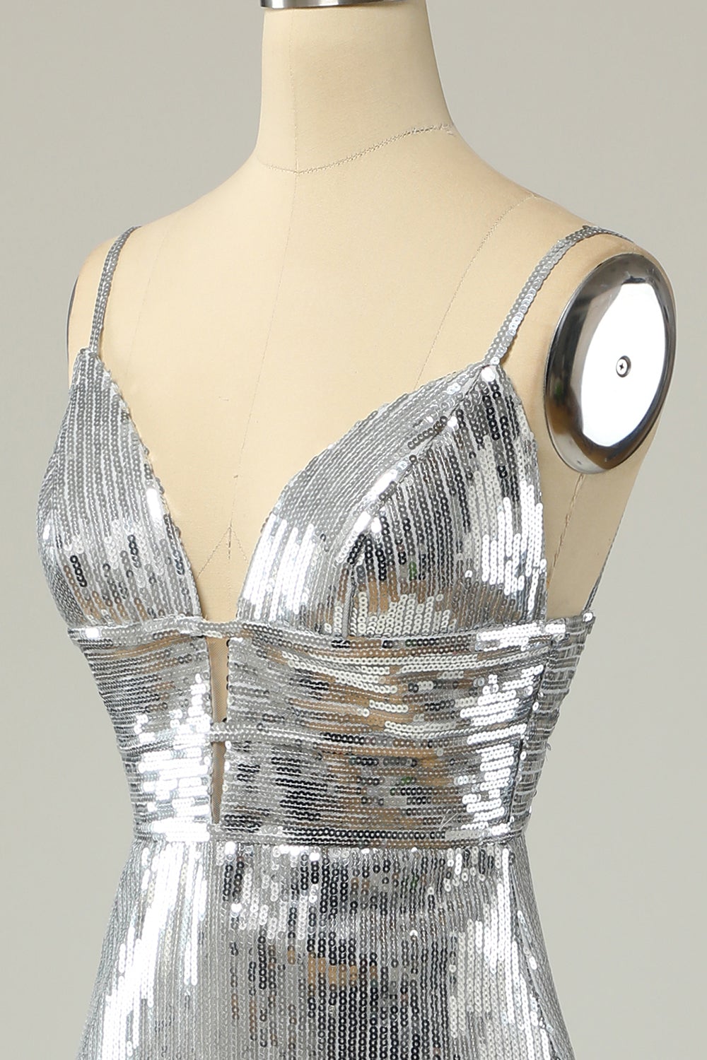 Meerjungfrau Spaghetti Träger Silber Pailletten Langes Ballkleid Rückenlos