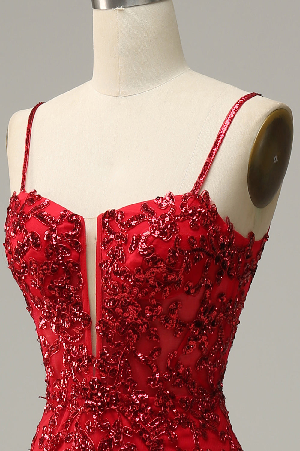 Meerjungfrau Spaghettiträger rote Pailletten langes Ballkleid mit Schlitz