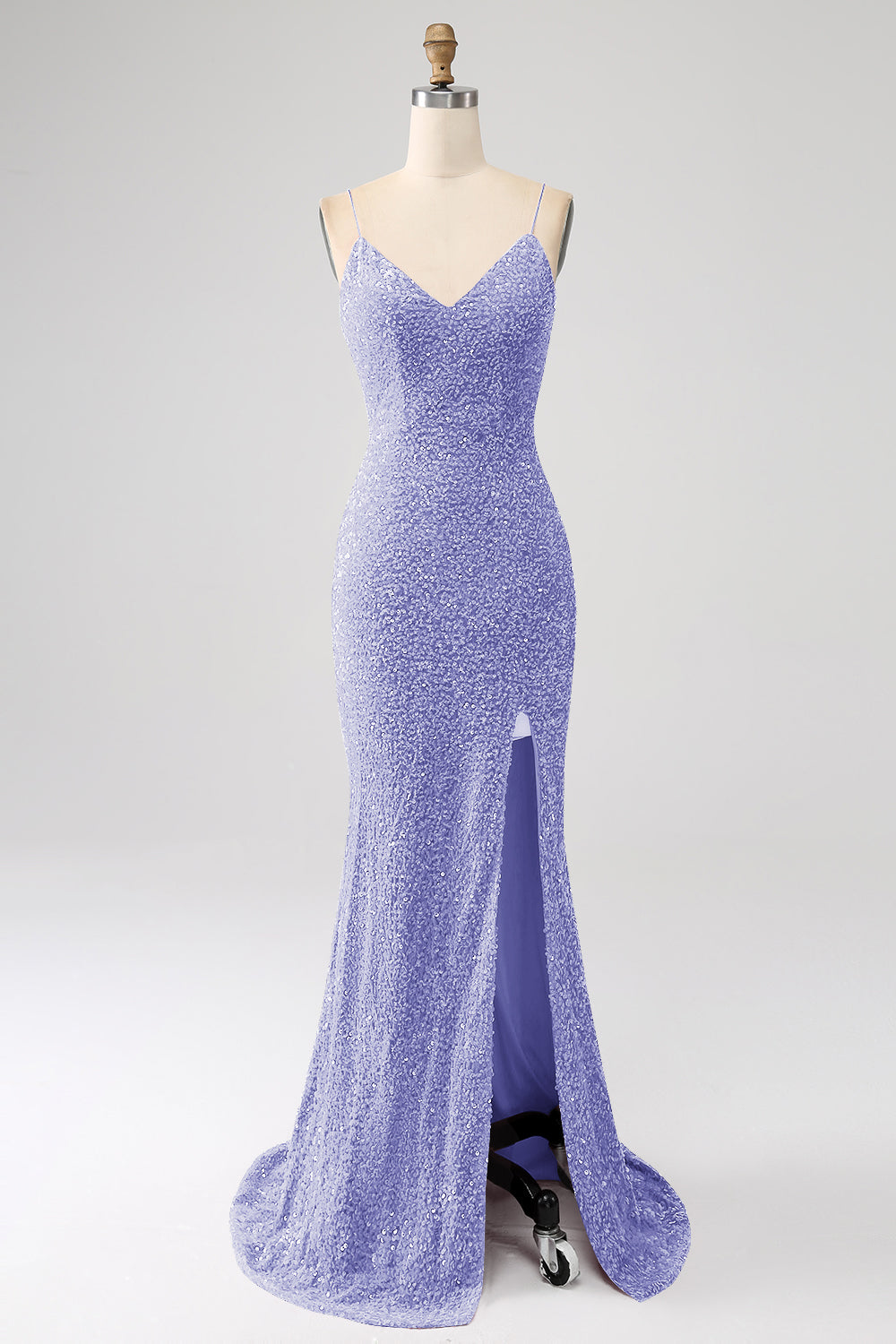 Fuchsia Meerjungfrau Spaghettiträger V-Ausschnitt Pailletten Ballkleid mit Schlitz