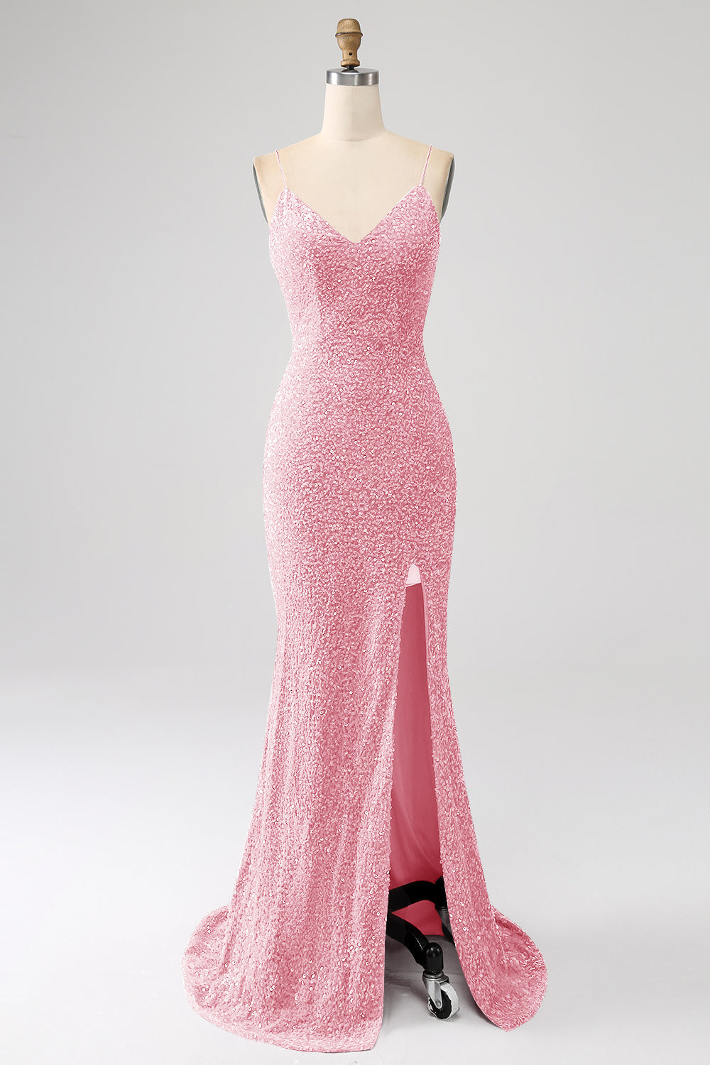 Fuchsia Meerjungfrau Spaghettiträger V-Ausschnitt Pailletten Ballkleid mit Schlitz