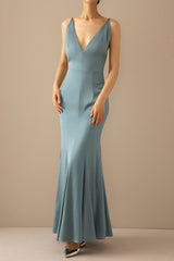 Mermaid Blau V-Ausschnitt Langes Ballkleid