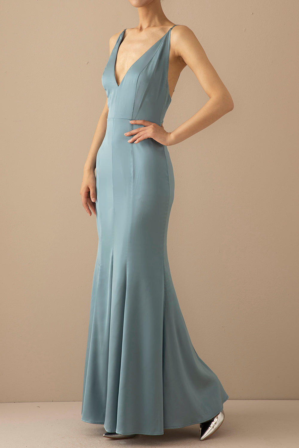 Mermaid Blau V-Ausschnitt Langes Ballkleid
