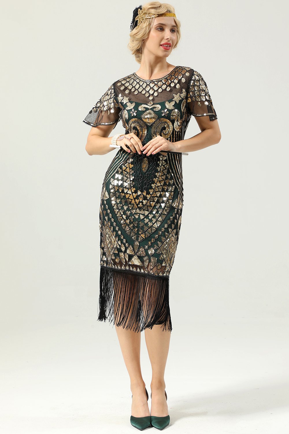 Grünes Pailletten 1920er Jahre Kleid