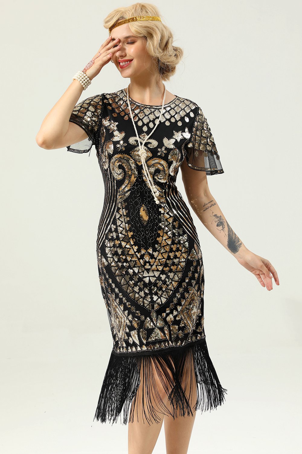 Schwarz und Gold Pailletten 20er Kleid mit Batwing Ärmeln
