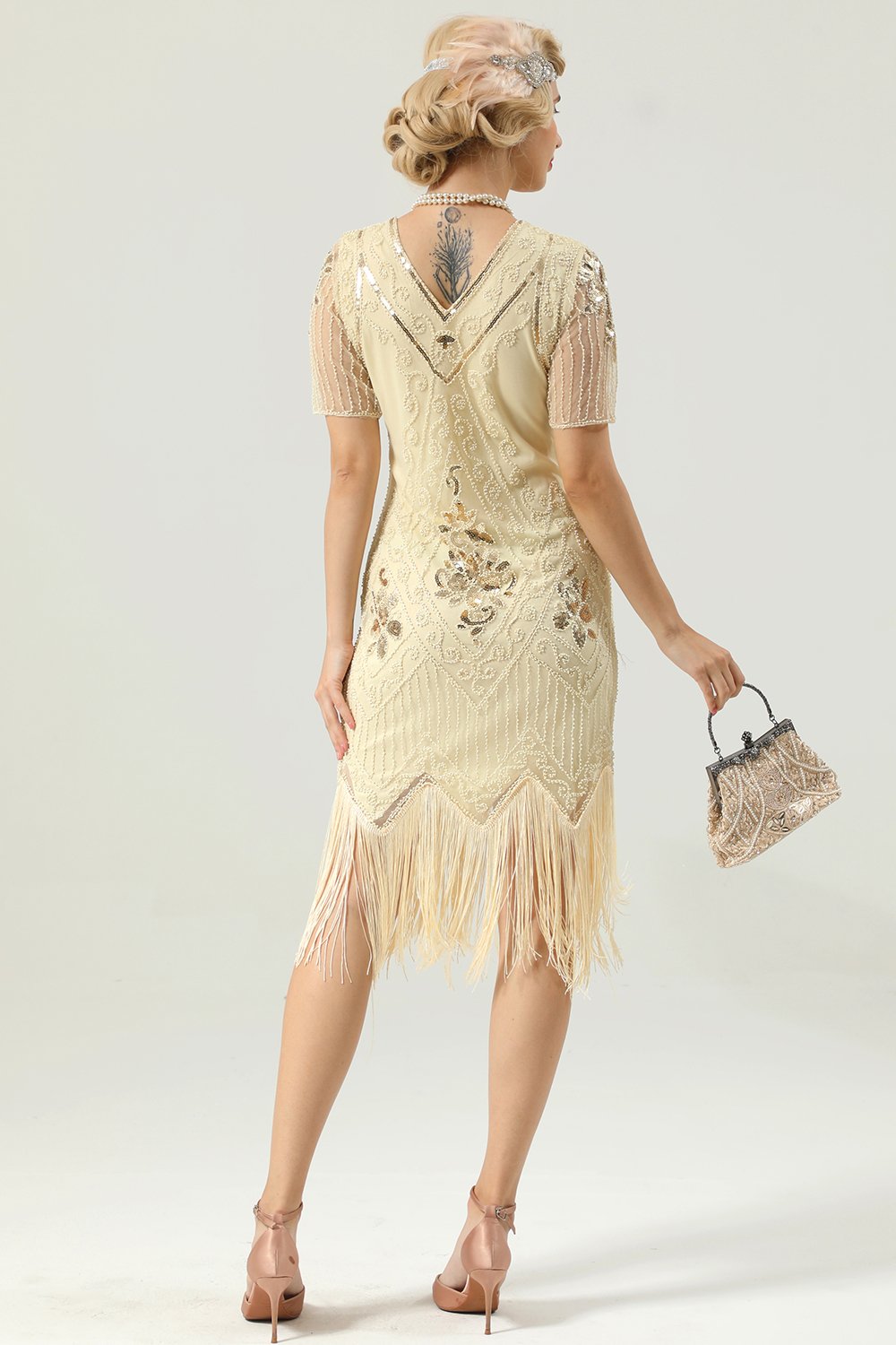 Aprikosen Strass Pailletten 1920er Jahre Kleid mit Ärmeln
