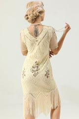 Aprikosen Strass Pailletten 1920er Jahre Kleid mit Ärmeln