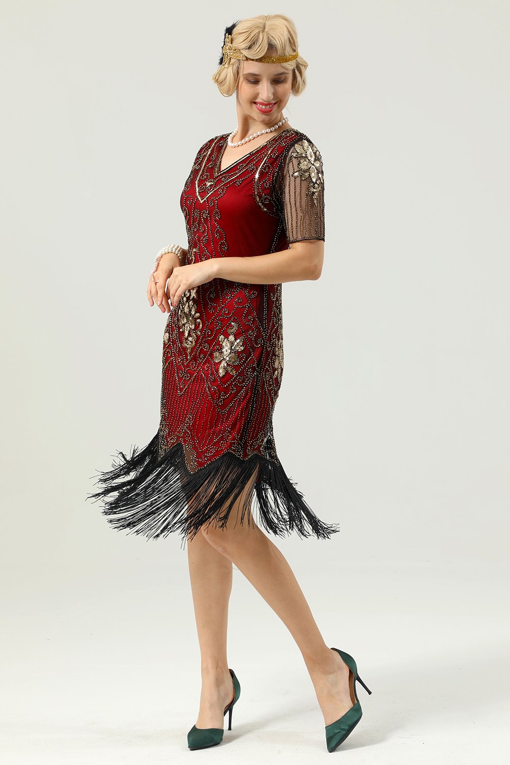 Aprikosen Strass Pailletten 1920er Jahre Kleid mit Ärmeln