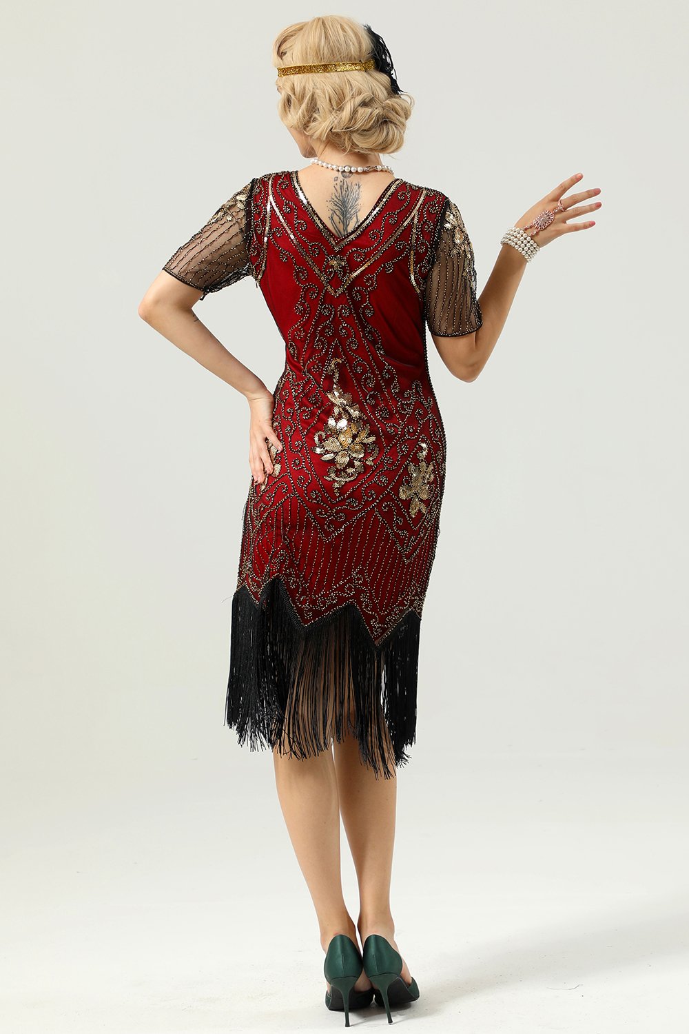 Aprikosen Strass Pailletten 1920er Jahre Kleid mit Ärmeln