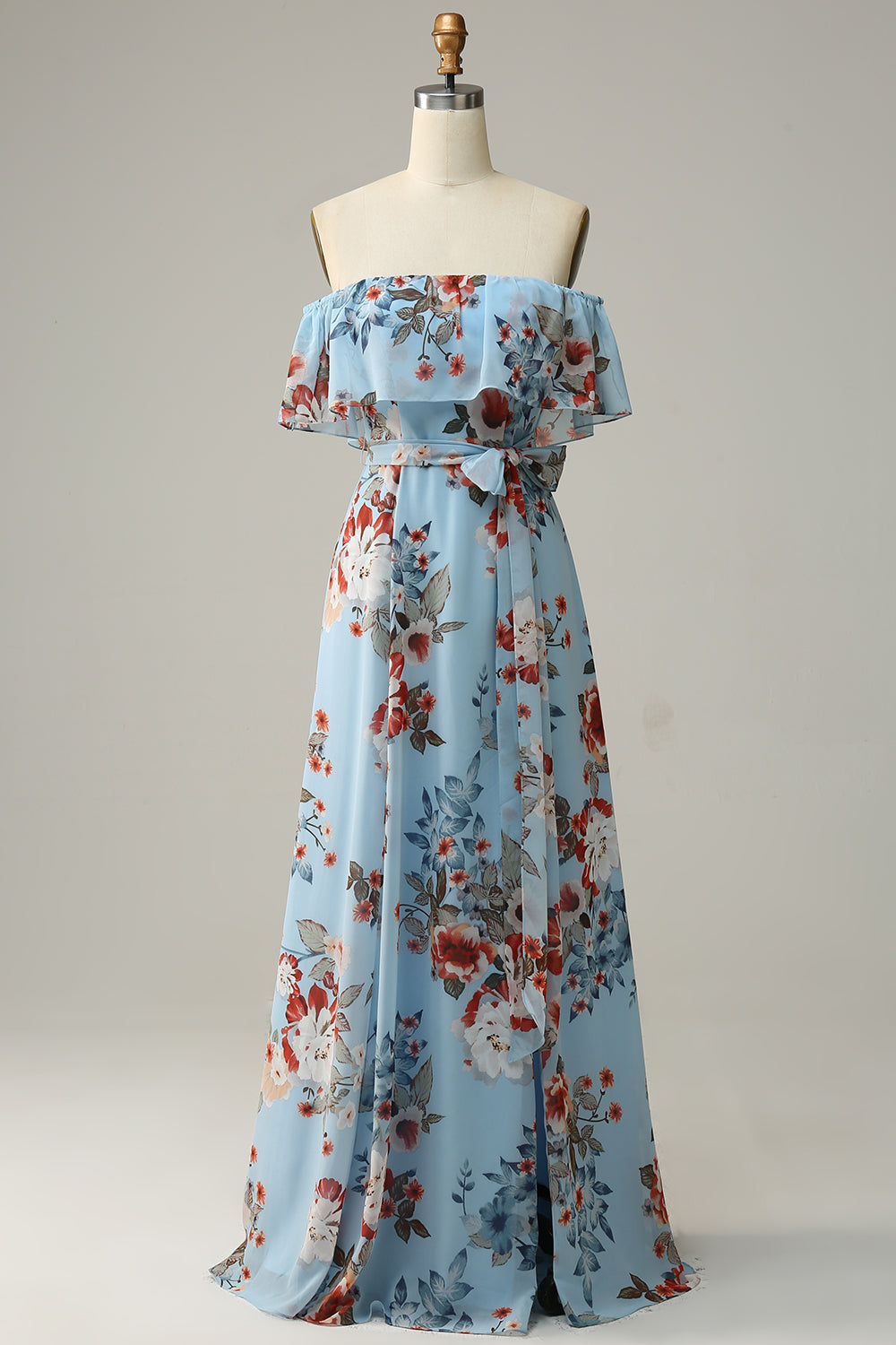 Dunkelblaues geblümtes Boho Chiffon Langes Brautjungfernkleid
