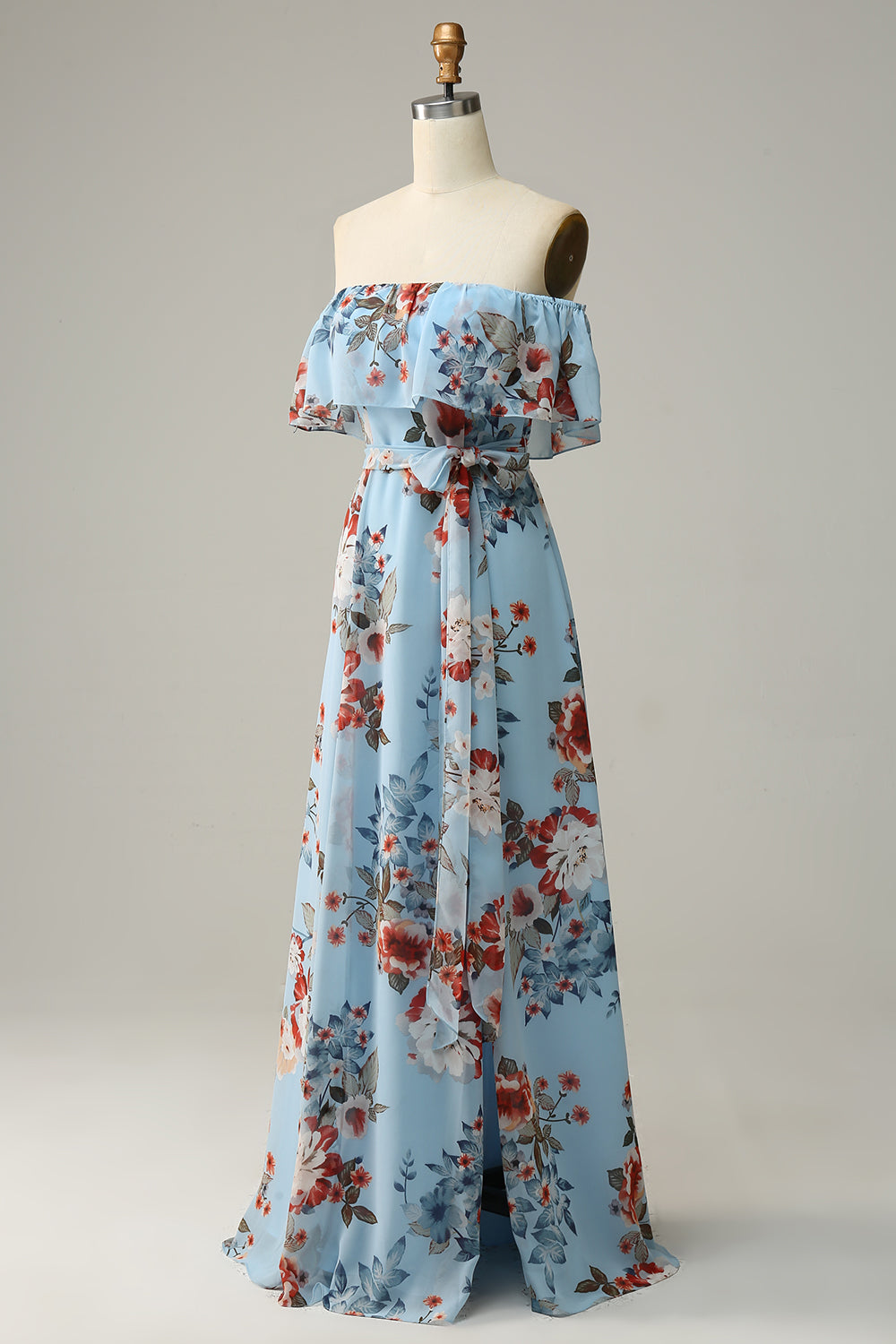 Dunkelblaues geblümtes Boho Chiffon Langes Brautjungfernkleid