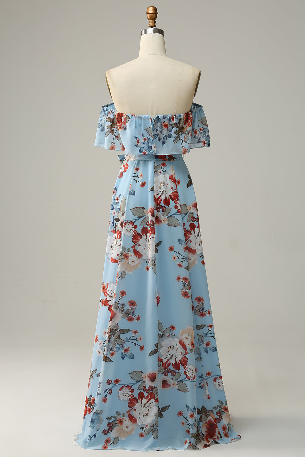 Dunkelblaues geblümtes Boho Chiffon Langes Brautjungfernkleid