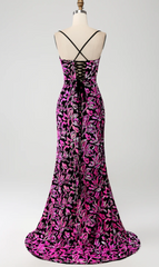 Funkelndes Mermaid Fuchsia Schwarzes Pailletten Ballkleid mit Schlitz