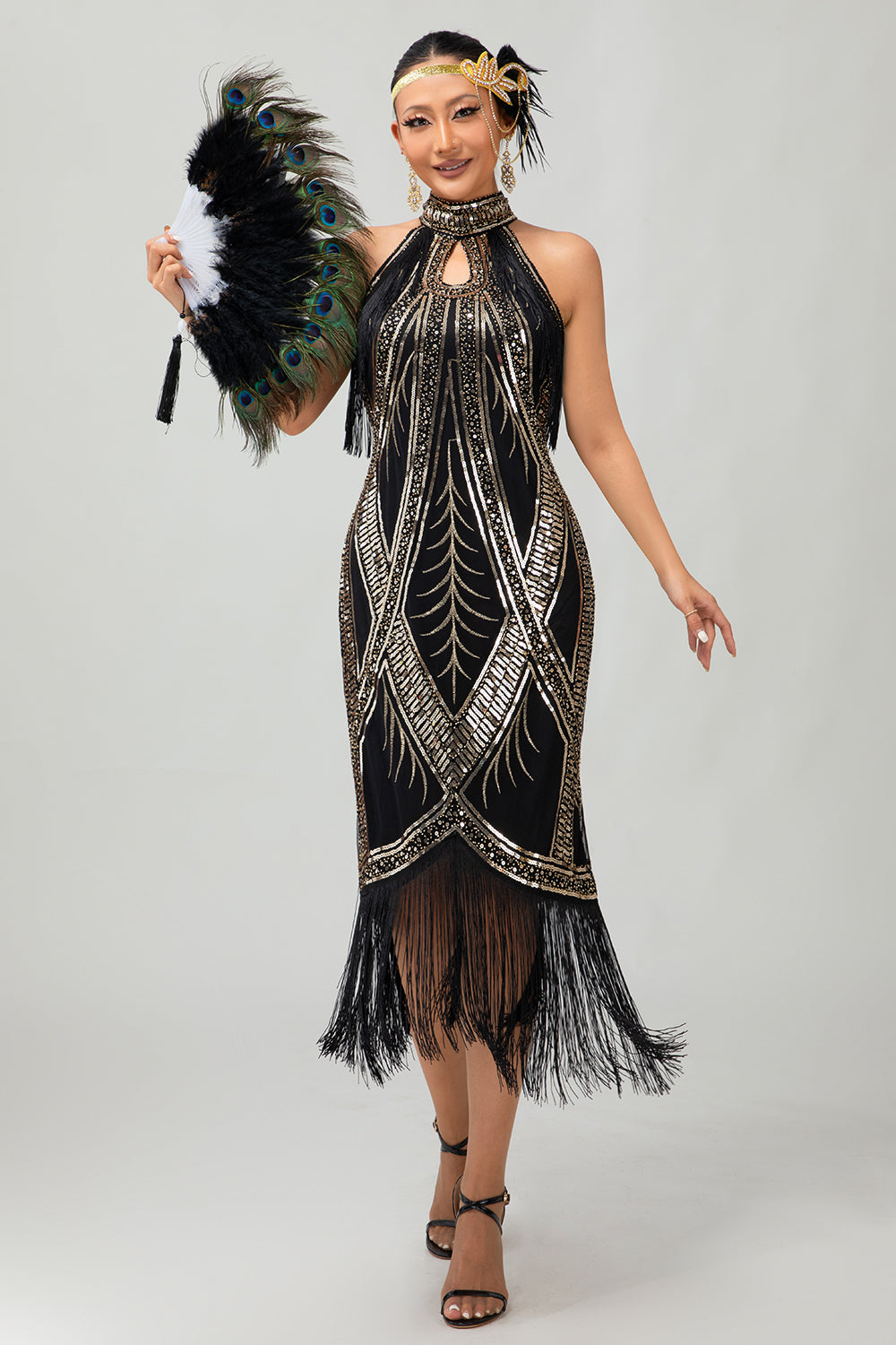 Bodycon Neckholder Schwarzes Goldenes Paillettenkleid aus den 1920er Jahren mit Fransen