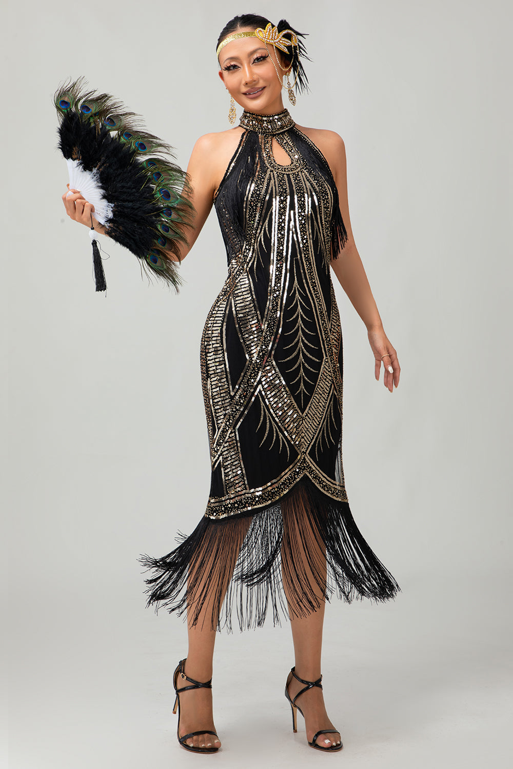 Bodycon Neckholder Schwarzes Goldenes Paillettenkleid aus den 1920er Jahren mit Fransen