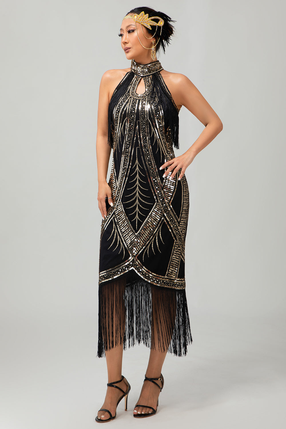 Bodycon Neckholder Schwarzes Goldenes Paillettenkleid aus den 1920er Jahren mit Fransen