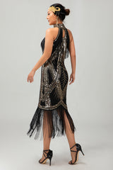 Bodycon Neckholder Schwarzes Goldenes Paillettenkleid aus den 1920er Jahren mit Fransen