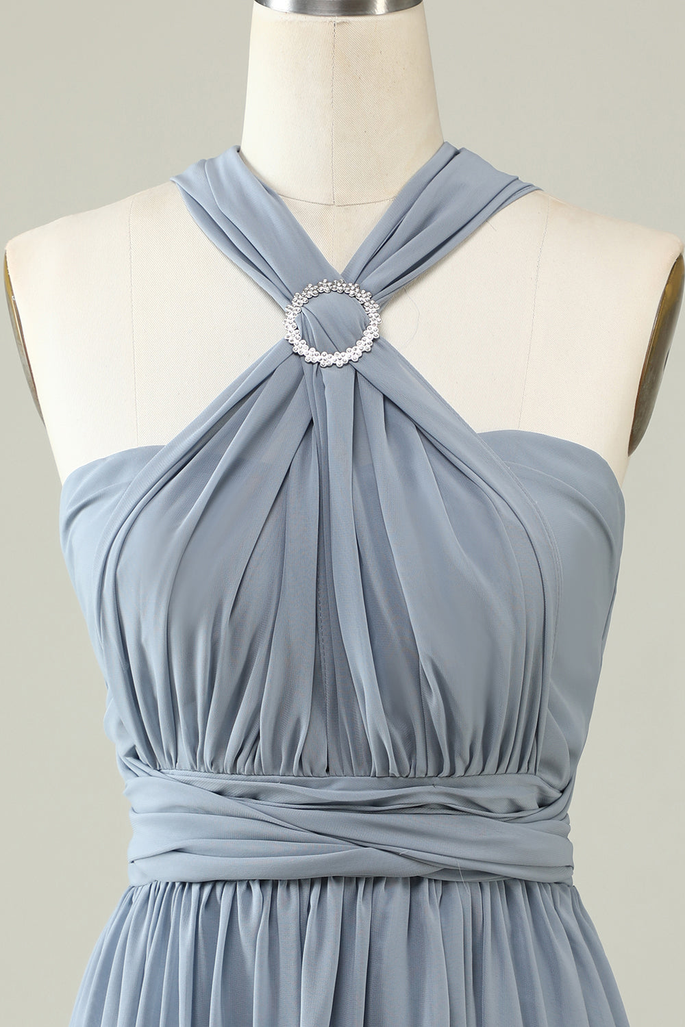 A-Linie Eine Schulter V-Ausschnitt Neckholder Bodenlanges Grau Blau Brautjungfernkleid